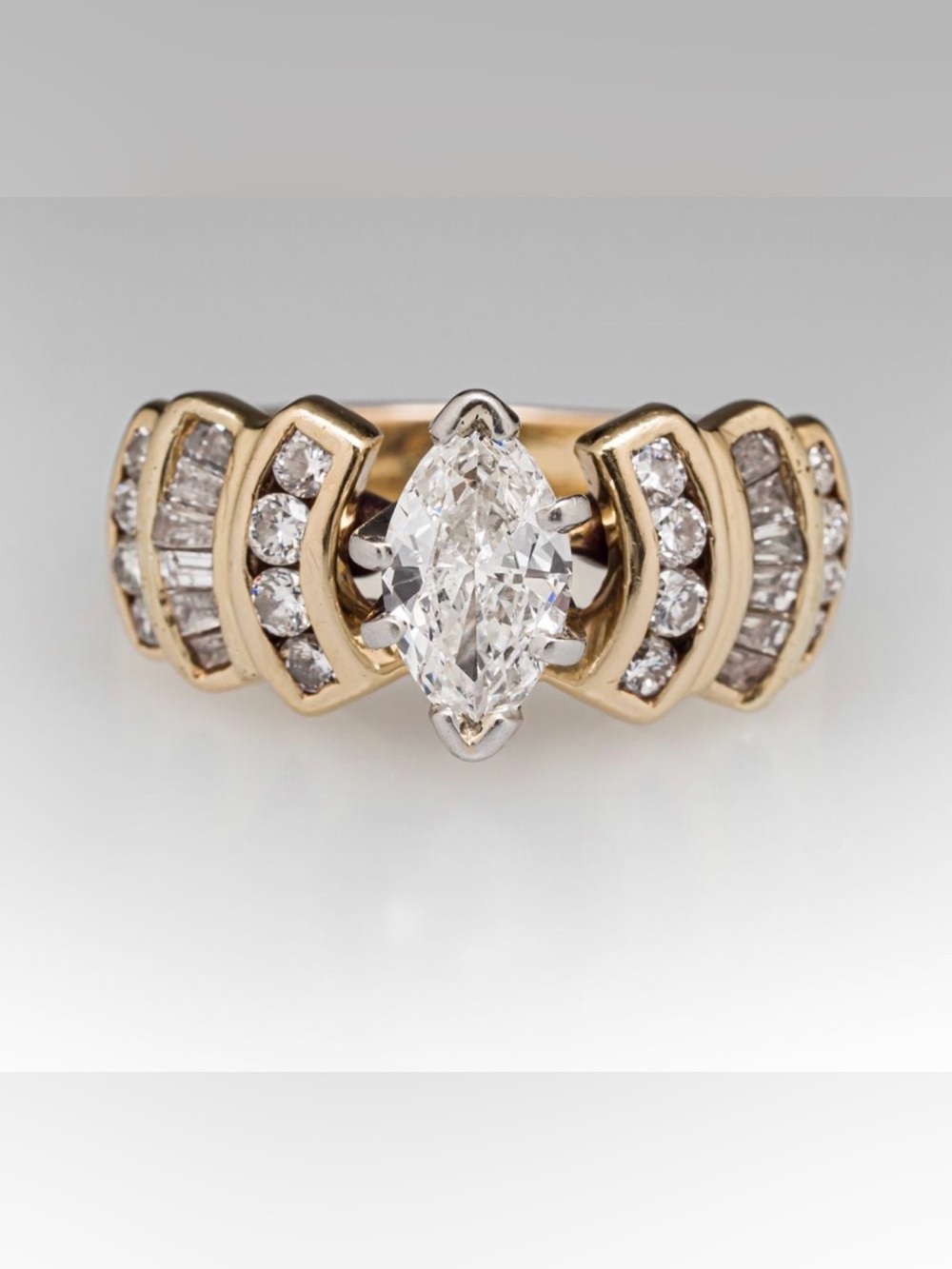 Marquise Diamond Gold Ring with Pavé Accents